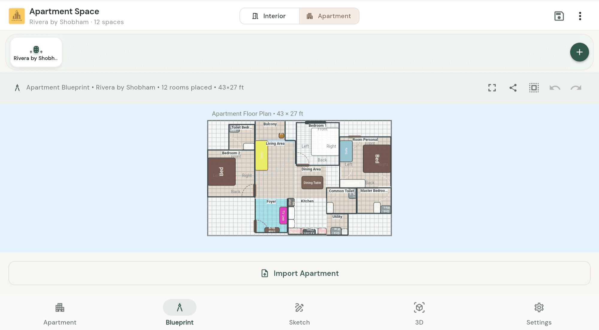 Blueprint mode floor plan editor with furniture placement
