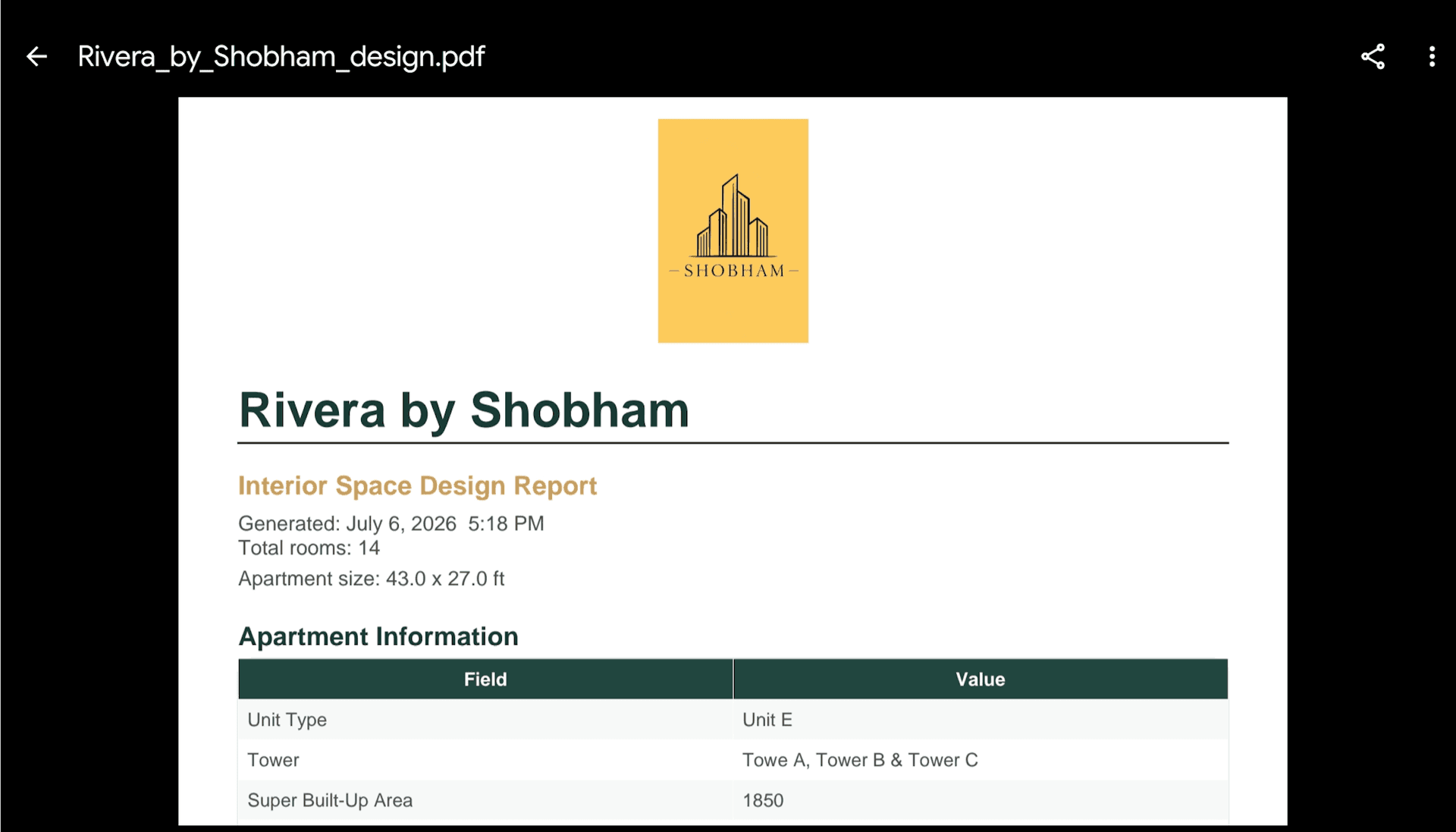 PDF design report with blueprint, 3D views, and dimensions
