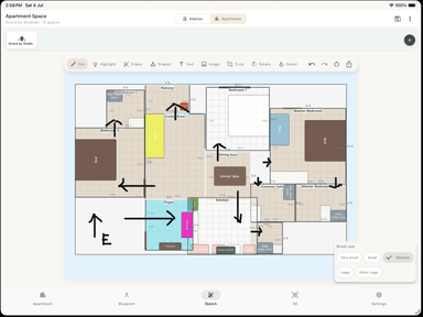 Sketch annotations on apartment blueprint on tablet