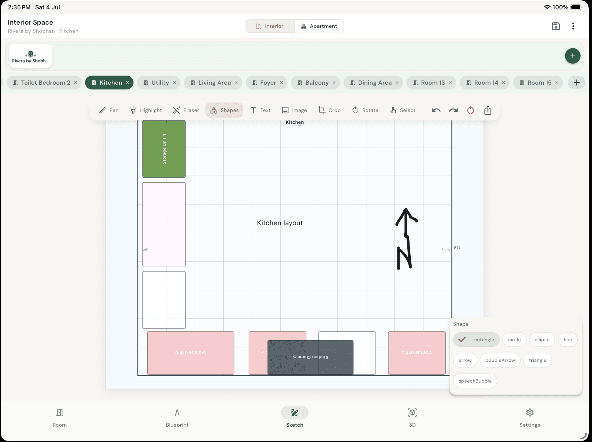 Sketch mode with pen and annotation tools on blueprint